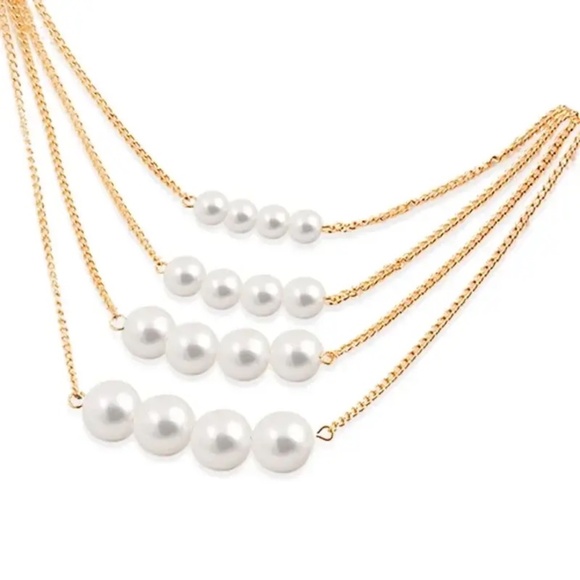 NEW Multilayered Gold Strand Chic Pearl Fashion Necklace - Picture 2 of 5